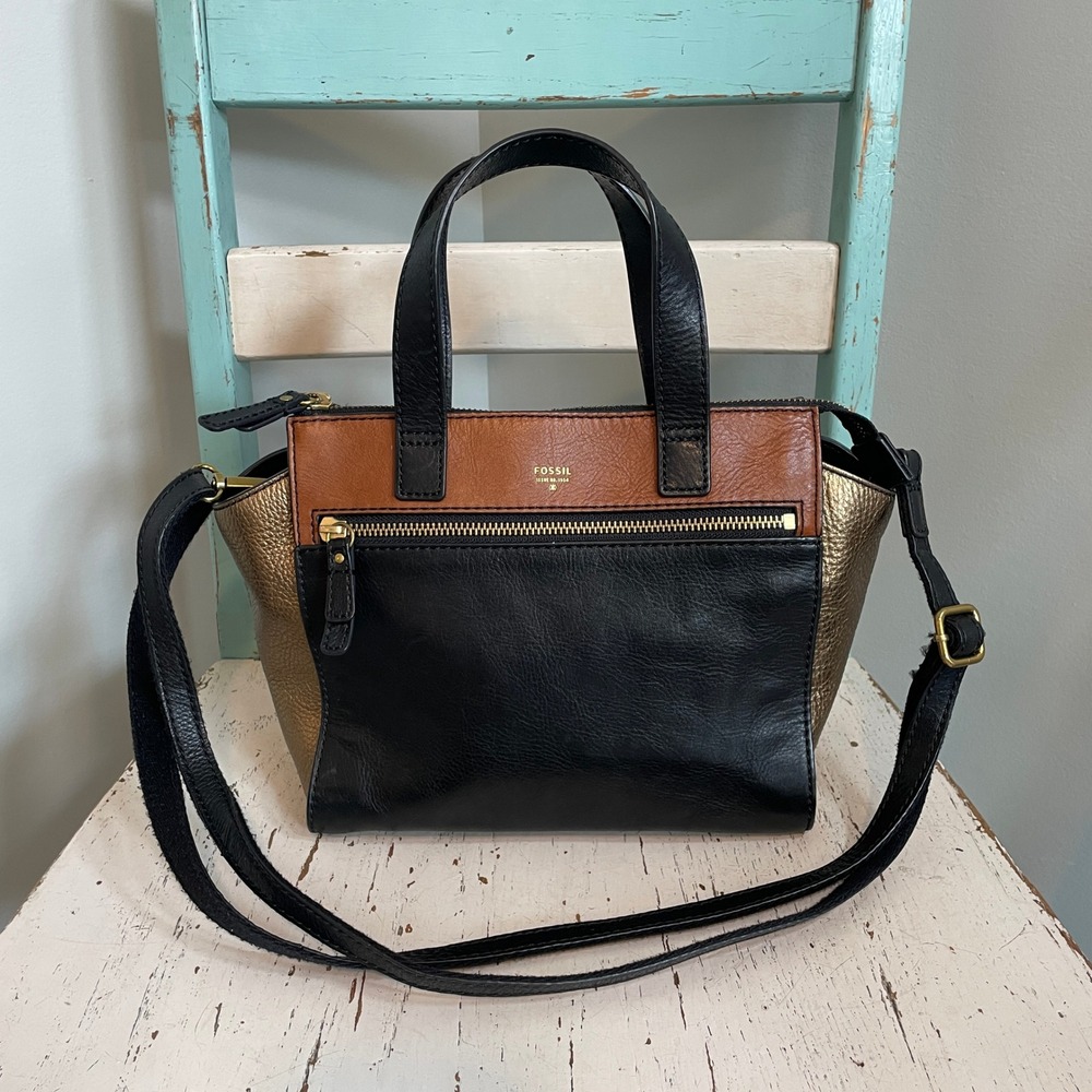 Fossil Tessa Tri-Tone Leather Satchel Crossbody Bag Black Tan Gold Purse